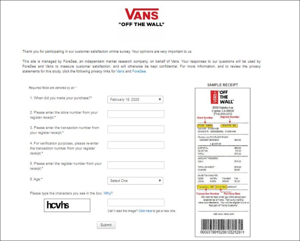 www.Vans.com/Feedback - Vans Survey 