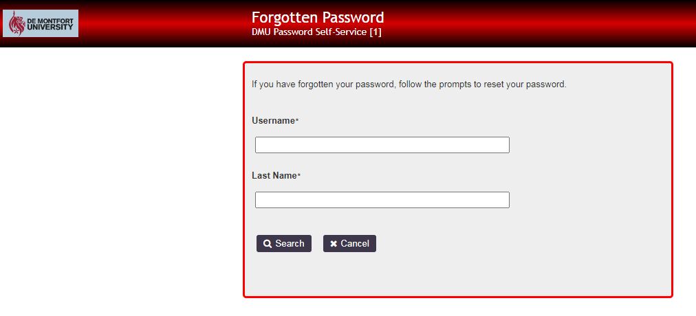DMU Student Login Forgotten Password Reset
