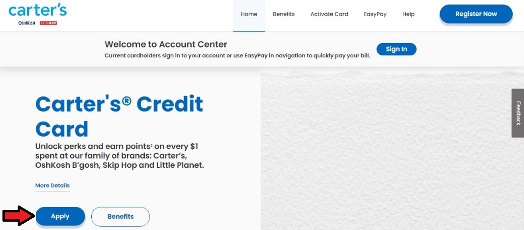 click on apply in carters credit card website