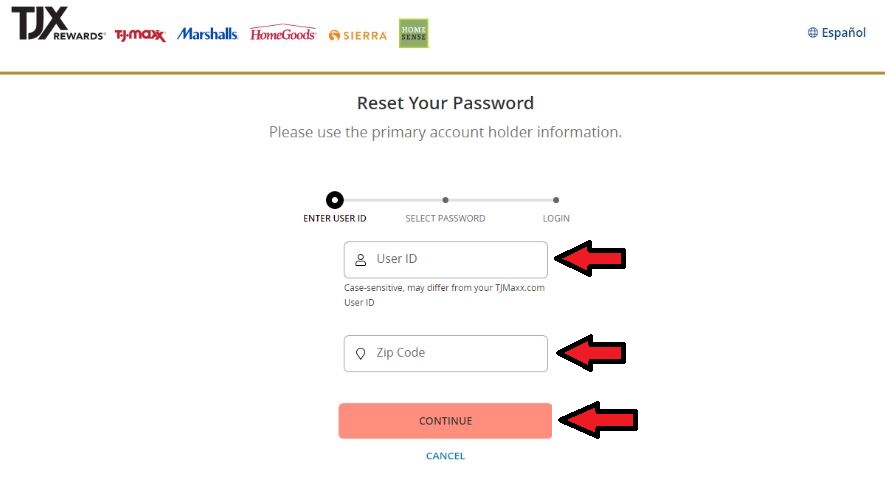reset tjx credit card login password